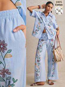 Poéselle Women's 100% Cotton Floral Wide-Leg Pants,Light Blue Boho Elastic-Waist Lounge Trousers Embroidered Palazzo Summer Beach Vacation Holiday Autumn - Blue - View 7