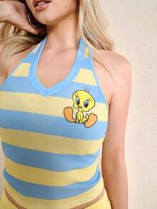 LOONEY TUNES X SHEIN Women's Striped Halter Neck Tank Top And Mini Skirt 2 Pieces Set, - Yellow - View 6