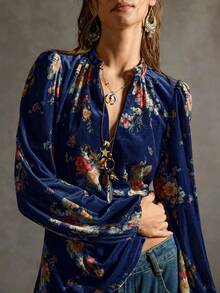 SoleilVie 女士V领碎花黑色丝绒衬衫 女士上衣和衬衫 波西米亚风女装 波西米亚风女装 波西米亚风女装 女士西部风女装 - 藍色 - 查看 4