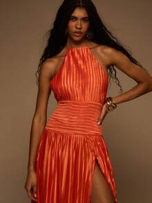 MUSERA Plisse High Halterneck Waist Panel Split Leg Maxi Dress Spring Summer Elegant Vacation Holiday Ibiza Club Occasion Sexy Evening Wedding Guest Sunset Kiss - Orange - View 2