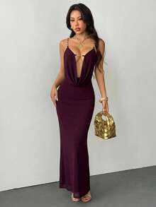 SHEIN PETITE 优雅派对礼服，网纱梅紫色性感露背深V领垂褶长款紧身连衣裙，适合派对、音乐节等场合，女士优雅礼服 - 紫色 - 查看 3