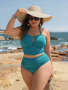 Swim Lushoire 2026 New Summer Beach Vacation Comfortable Textured Supportive Green Tankini Top + High Waist Slimming Plus Size Bikini Bottom, Plus Size Swimwear Set - Green - View 2
