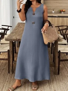 Breezaya 大码女式夏季休闲度假日常通勤简约纯色V领无袖纽扣装饰宽松连衣裙 - 霧霾藍 - 查看 1