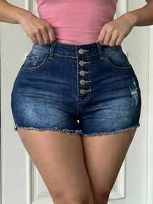 SHEIN SXY 女士休闲水洗做旧牛仔短裤，夏季 - 藍色 - 查看 1