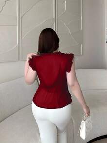 Vibekara Blus Seksi Berkerah V dengan Hiasan Rumbai Bahan Chiffon dan Lengan Pendek, Pas Badan untuk Wanita, Populer di Musim Semi/Panas - Merah - View 2