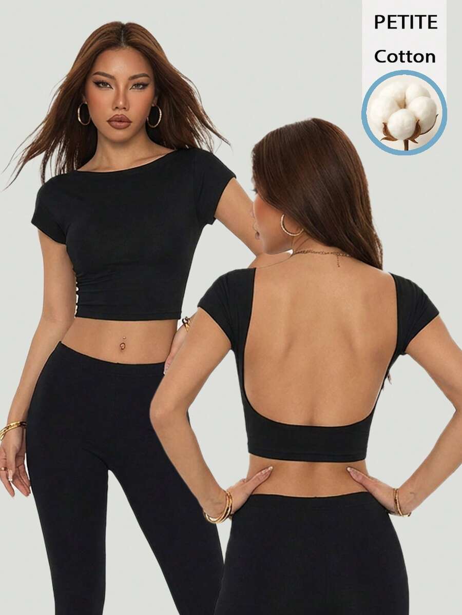 SHEIN PETITE 95%纯棉休闲露背T恤，适合娇小身材夏季穿着 - 黑色 - 查看 1