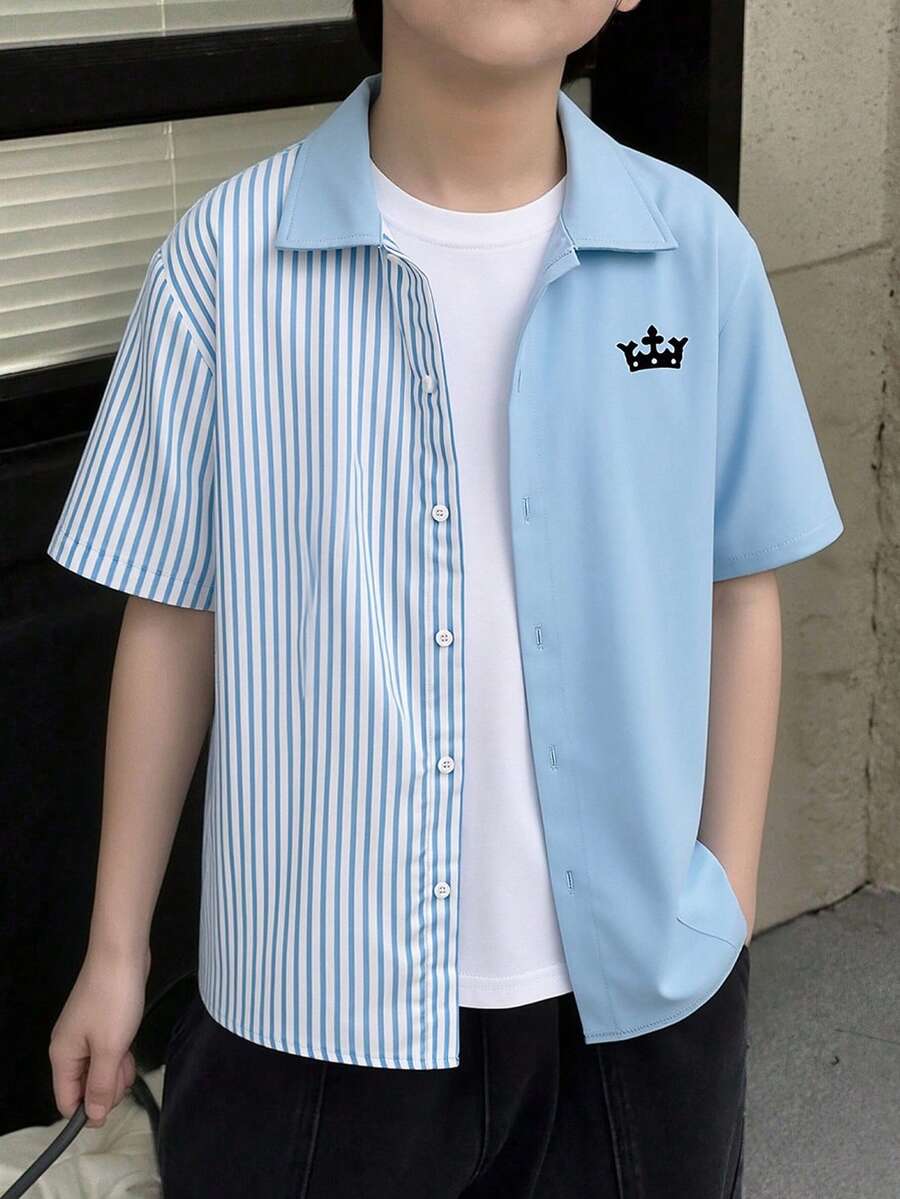 Mirajuku 青少年男童休闲条纹拼接撞色衬衫，时尚百搭，适合日常通勤，可搭配白色T恤和牛仔裤。 - 藍色 - 查看 1