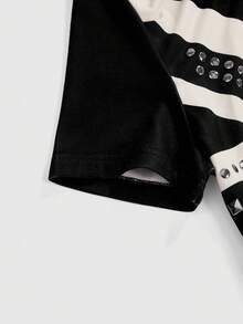 ROMWE Grunge Punk Women's Y2K Retro British Flag Print Rhinestone Rivet Oblique Shoulder Tight Fitting Short Sleeve Top - Black - View 4