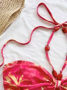 Soleia Áo tank top nữ in hoa, cổ yếm, hở lưng, kiểu dáng thường ngày. - Màu Hồng Tươi - Xem 3