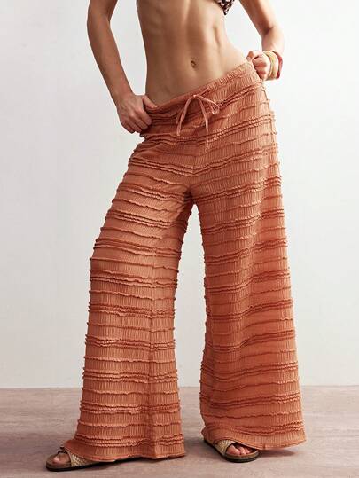 Bohemela Women's Solid Color Knit Lace High Waist Straight Leg Pants, Casual Beach Vacation