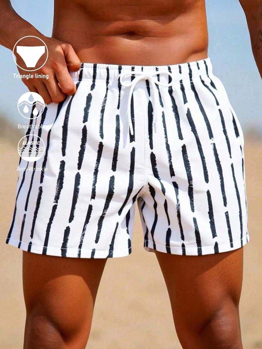 Horizaway 男士黑/白条纹沙滩短裤，夏季时尚男士度假男士短裤度假男士沙滩短裤男士夏季男士短裤海滩男士短裤男士沙滩短裤泳裤男士沙滩装，夏威夷 - 黑與白 - 查看 1