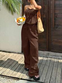 SHEIN EZwear 女款深棕色夏季波西米亞風海灘度假兩件套，編織亞麻抹胸上衣與長褲套裝，休閒成衣染色套裝 - 巧克力棕 - 查看 5