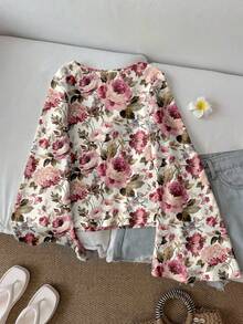 SHEIN LUNE Women's Casual Printed Drawstring Flare Sleeve Top, Suitable For Autumn/Winter - Multicolor - View 3