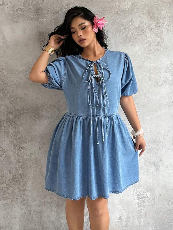 Sunnyshic Plus Size Women Bowknot Tie Petal Sleeve Denim Dress