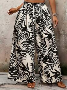 SHEIN VCAY 大码女式热带印花系腰宽松裤 - 彩色 - 查看 2