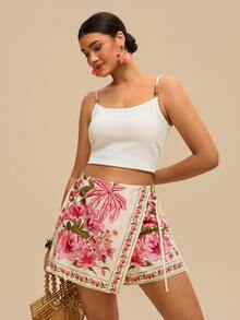 Travachic Plus Size Bohemian Casual Vacation Beach Shorts With Tie Decoration And Ruffle Hem For Women - Multicolor - View 5