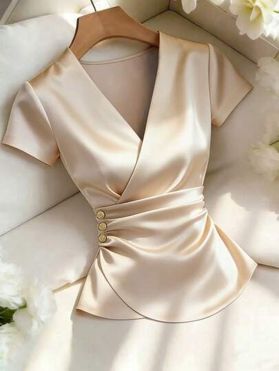 Franclia Camiseta de manga corta casual y elegante con cuello en V, fruncido, doble capa, bajo asimétrico y adornos