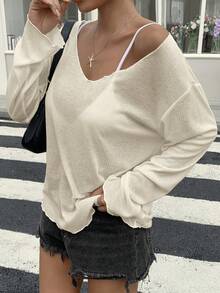 DAZY 女款寬鬆深V領長袖透視休閒上衣，都市街頭風T恤，適合夏季泳裝外罩衫與校園穿搭 - 米色 - 查看 4