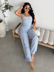 Vavine Blue & White Striped Casual Bow Tie Neck Asymmetric Hem Blouse And Straight Leg Casual Pants Women 2 Piece Set - Blue - View 5