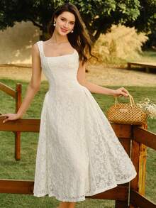 Vintamour Đầm nữ cổ điển thanh lịch, họa tiết hoa nhí, chất liệu jacquard dệt kim, ren, cổ vuông, đầm dự tiệc thường ngày, đầm hè cho nữ, trang phục hè cho nữ, đầm xuân cho nữ, đầm lễ Phục sinh cho nữ, trang phục lễ Phục sinh cho nữ, trang phục lễ hội cho nữ, đầm thanh lịch dự tiệc, đầm dự tiệc sang trọng, đầm dự tiệc cho nữ, trang phục dự tiệc, đầm dự đám cưới cho nữ, đầm dự tiệc cưới, đầm tốt nghiệp cho nữ, đầm thanh lịch cho nữ, đầm ren trắng cho nữ, đầm Zanzea cho nữ. - Màu be - Xem 4