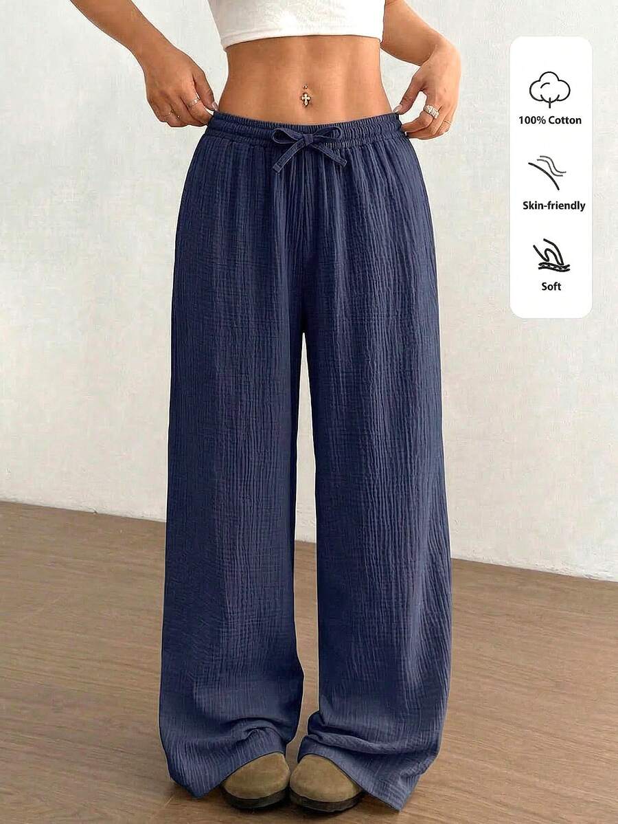 SHEIN 少女休闲度假蓝色编织纹理宽松裤 - 藍色 - 查看 1