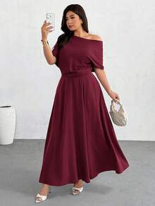 Firerie Vestido asimétrico de cuello minimalista y unicolor para tallas grandes - Burdeos - Ver 1