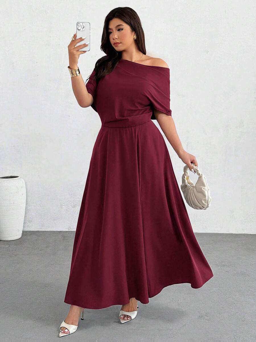 Firerie Vestido asimétrico de cuello minimalista y unicolor para tallas grandes - Burdeos - Ver 1