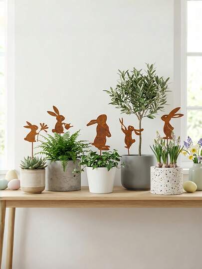 Madebyblanc 5 chiếc cọc trang trí hình thỏ bằng kim loại kiểu mộc mạc, dùng trang trí sân vườn ngoài trời, lễ Phục Sinh, mùa xuân, nghệ thuật sân hiên, đồ trang trí hình thỏ, hiệu ứng gỉ tự nhiên, tượng động vật gắn trên mặt đất, đồ trang trí sân vườn ngày lễ.