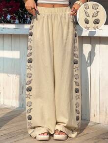 Muchica Women's Casual Seashell Print Loose Pants, Vacation Style - Apricot - View 1
