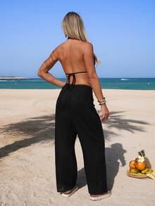 Swim Vcay Spring/Summer Coconut Tree Print Beachwear Set, Black Halter Top Paired With Wide Leg Pants, Casual Vacation Coverup - Black - View 2