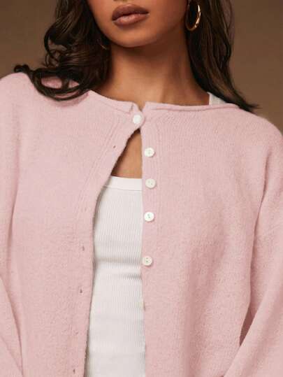 Athîral Women's Solid Color Minimalist Elegant Casual Long Sleeve Knitted Cardigan, Autumn/Winter Brunch Baby Pink