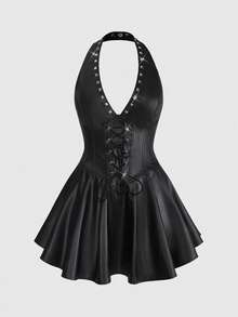 ROMWE Grunge Punk 女士朋克铆钉装饰腰部交叉绑带PU皮革露背迷你吊带连衣裙，适合夜店派对、音乐节、日常出行 - 黑色 - 查看 1