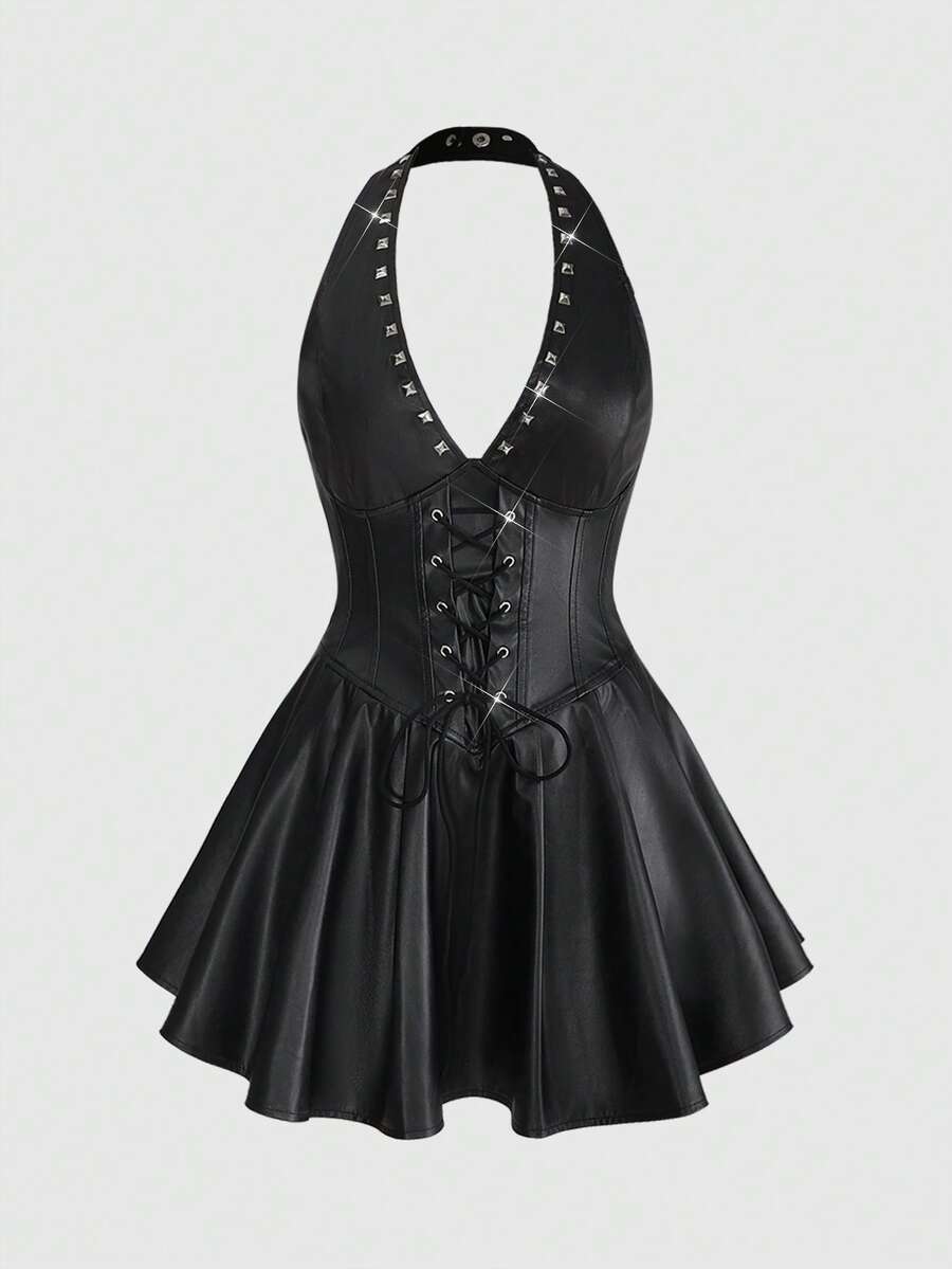 ROMWE Grunge Punk 女士朋克铆钉装饰腰部交叉绑带PU皮革露背迷你吊带连衣裙，适合夜店派对、音乐节、日常出行 - 黑色 - 查看 1