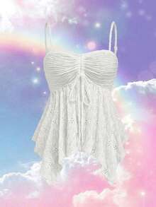 Sweetra Áo camisole cỡ lớn, màu trơn, thêu rỗng, vạt bất đối xứng, chất liệu jacquard. - trắng - Xem 1