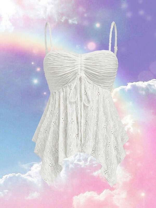 Sweetra Plus Size Solid Color Hollow Embroidery Asymmetric Hem Jacquard Camisole