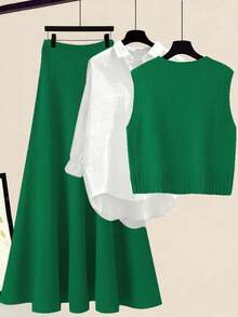 Franclia 秋冬新款宽松碎花圆领无袖针织背心搭配碎花灰色A字针织中长裙，女士两件套毛衣套装 - 綠色 - 查看 3