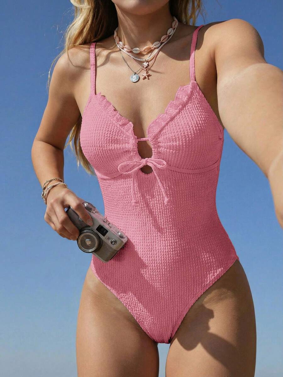 Swim Mod Áo tắm liền thân nữ lãng mạn, thích hợp cho buổi trà chiều, màu hồng nhạt tươi mát, chất liệu cacao, có nơ điều chỉnh được. - Hồng - Xem 1