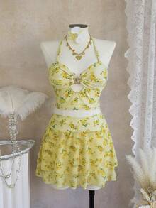 Bellisia 女士最新时尚甜美风吊带浅黄色碎花吊带背心，饰有金属星星，镂空泳装三件套，春夏女士度假套装，辣妹风女士夏季服装，女士春季服装，复古女士夏季服装 - 彩色 - 查看 3