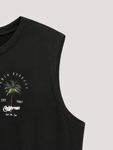 Open Phase Camiseta de tirantes casual de hombre con estampado de árbol de coco y letras, ideal para la primavera y el verano - Negro - Ver 5