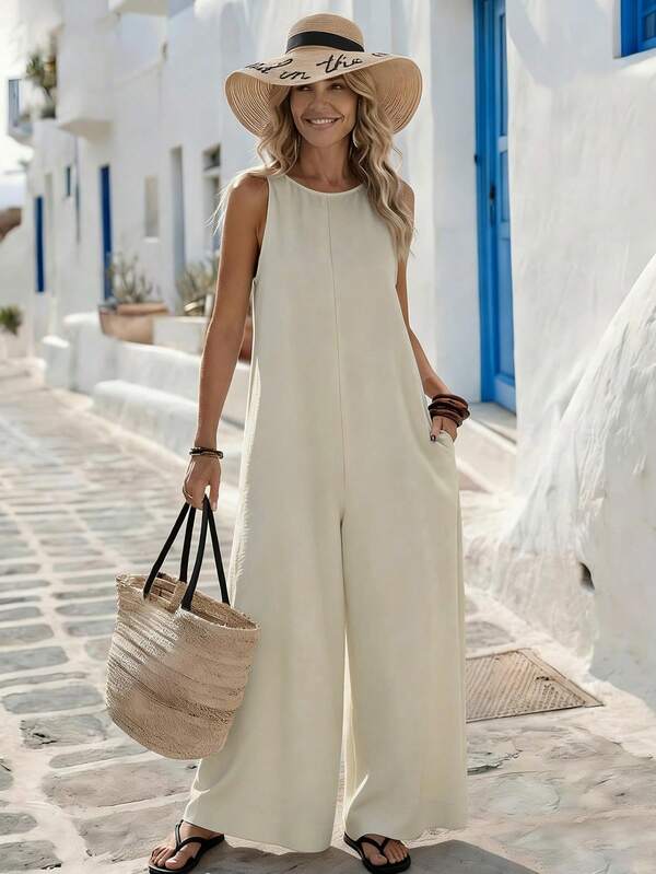 Breezaya Women's Solid Color Round Neck Casual Jumpsuit, Suitable For Vacation And Daily Wear