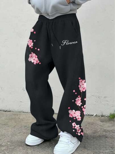 Manfinity EMRG Men's Letter & Floral Pattern Drawstring Waist Wide Leg Sweatpants