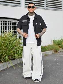 Devon Thys 男士撞色字母印花拉链阔腿裤，街头风格，秋季 - 白色 - 查看 1