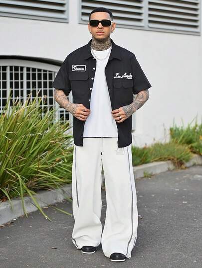 Devon Thys 男士撞色字母印花拉链阔腿裤，街头风格，秋季