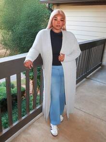 Enliva Plus Size Women's Solid Color Minimalist Casual Long Sleeve Duster Coat Winter Fall Autumn, For Apple Rounded Body Shape - Grey - View 4