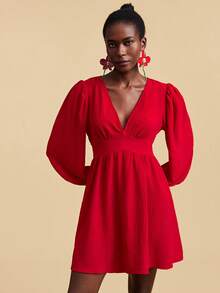 Travachic Women's Solid Red V-Neck Ruched Mini Dress,Elegant Boho Autumn Vacation Holiday Outfit,Fashionable Party,Wedding Guest,Beach,Birthday Floral Dresses - Red - View 6