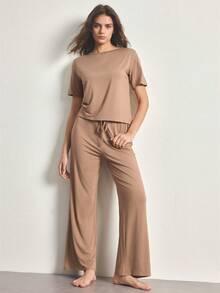 Ocili Comfortable Silky Cotton Short Sleeve & Pants Pajama Set For Women - Khaki - View 6