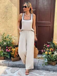 Serisse Women's Casual 2 Pieces Set: Contrast Trim Criss-Cross Back Top And Wide Leg Pants - Apricot - View 6