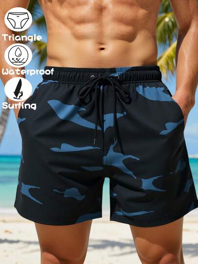 Manfinity Swimmode Pantalones cortos de playa con estampado de camuflaje y cordón en la cintura para hombres, bañador de camuflaje para hombres