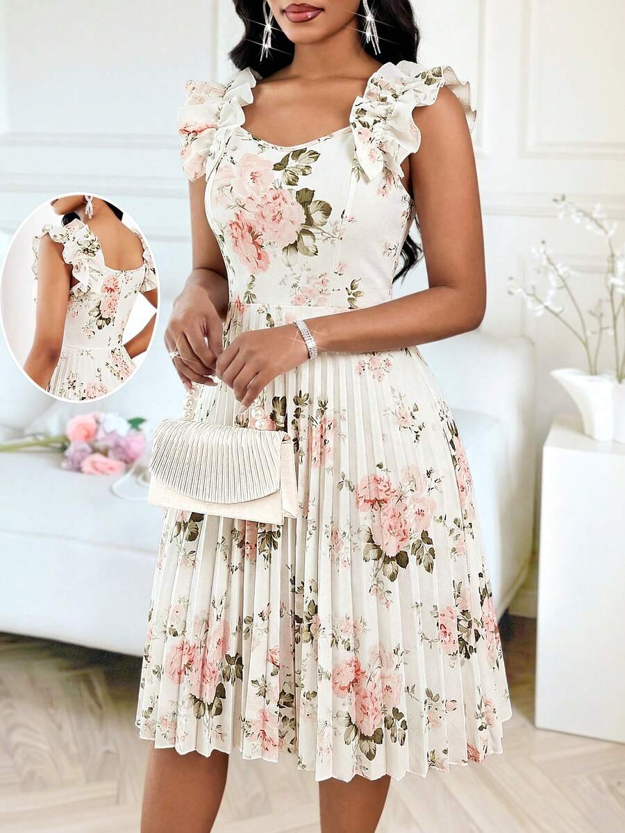 SHEIN Lady 女士印花褶皱时尚约会派对迷你连衣裙 - 彩色 - 查看 1