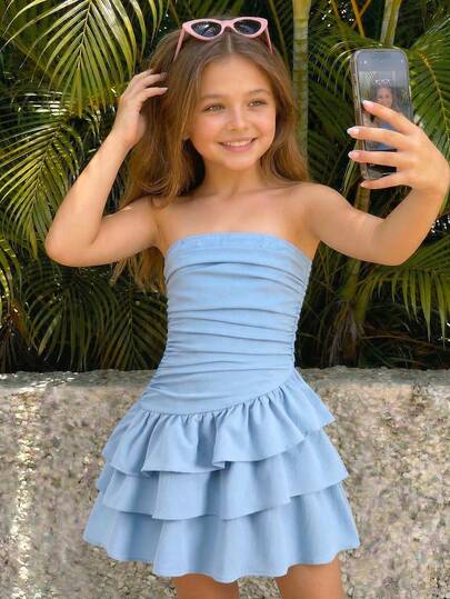 Girlism Tween Girls' Summer Casual Vacation Minimalist Comfortable Layered Ruffle Trim Tube Top Dress, Dresses For Teen Girls Flounce,